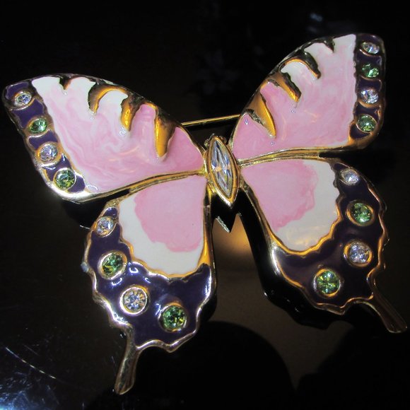Vintage LARGE Enamel Butterfly PINK with Multi-Coloured Rhinestone BROOCH - Picture 3 of 4